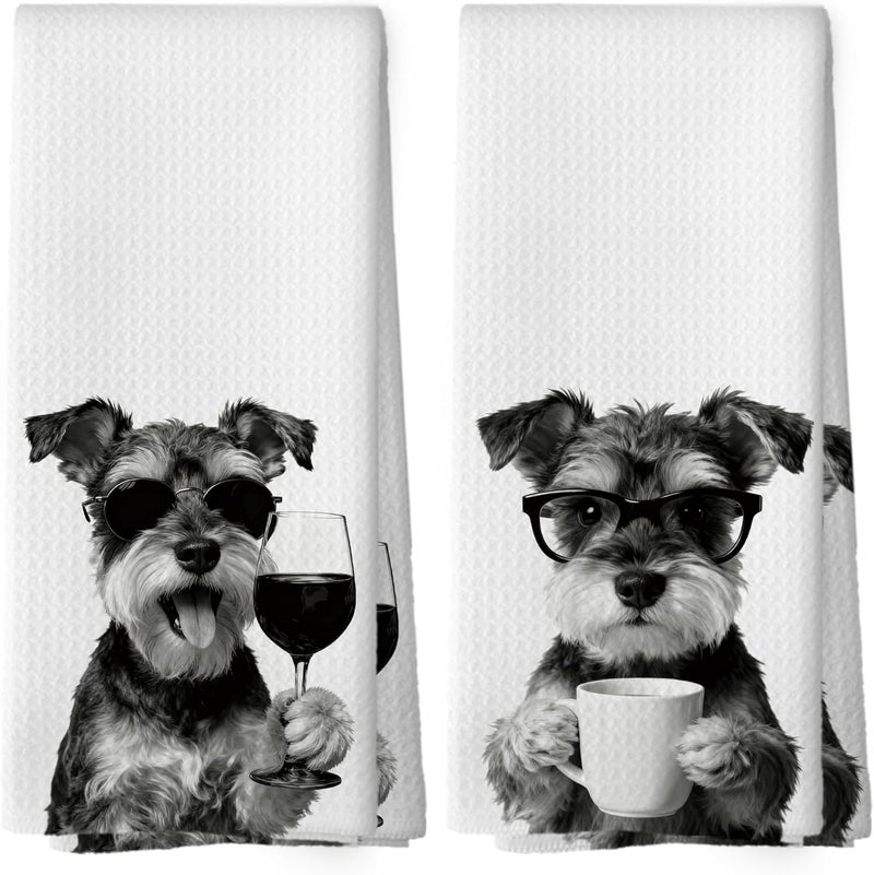 Mcehtle Funny Schnauzer Kitchen Towels Set of 2, Funny Dog Kitchen Accessories, Coffee Wine Station Decor, Chef Gift Hand Towel, Dining Room Decorative Tea Towel Dish Towels 16x24 Inch - Image 1